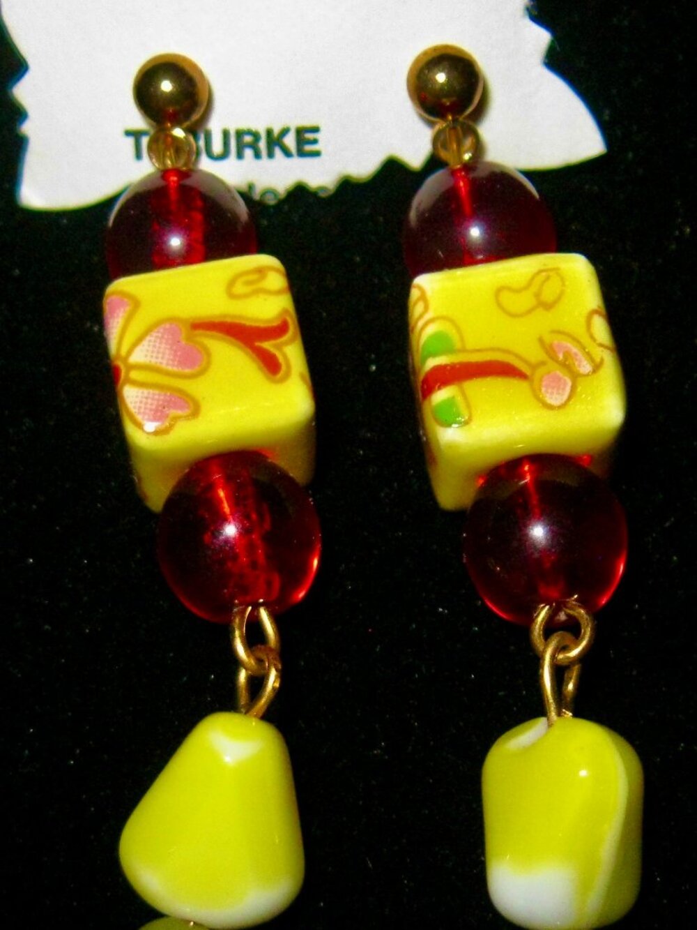 ONE OF A KIND MADE IN USA YELLOW AND RED PIERCED EARRINGS BY T. BURKE DESIGNS